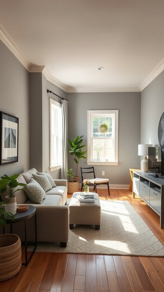 A cozy living room featuring Benjamin Moore Collingwood 859 warm gray paint on the walls, natural wood flooring, and stylish furniture.