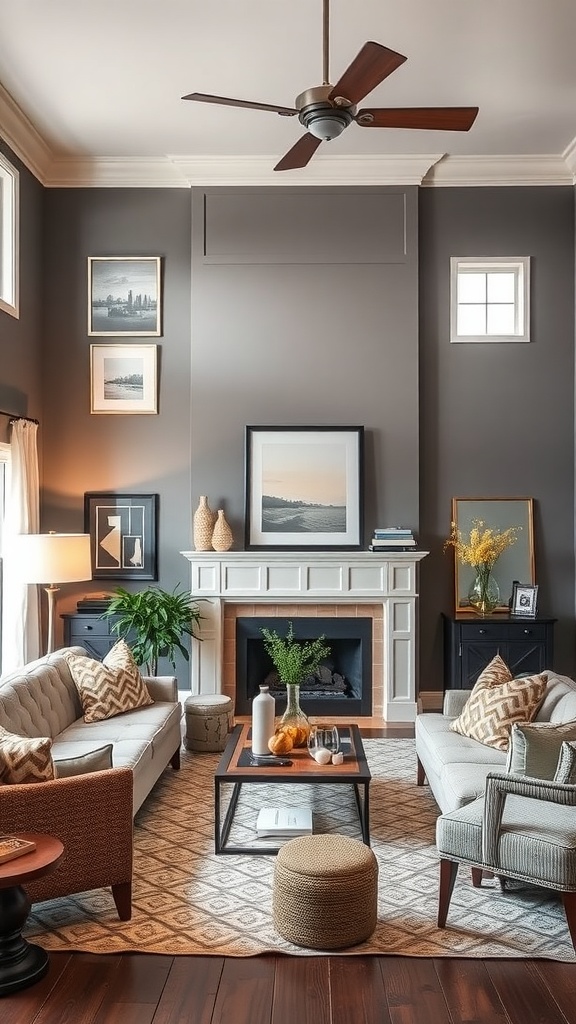 A stylish living room featuring walls painted in Benjamin Moore Edgecomb Gray HC-173, with elegant furnishings and decor.