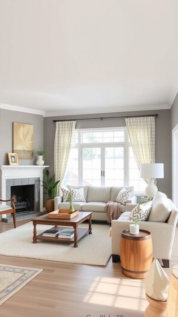 Living room painted in Benjamin Moore Gray Owl 2137-60 with natural light and cozy furnishings.