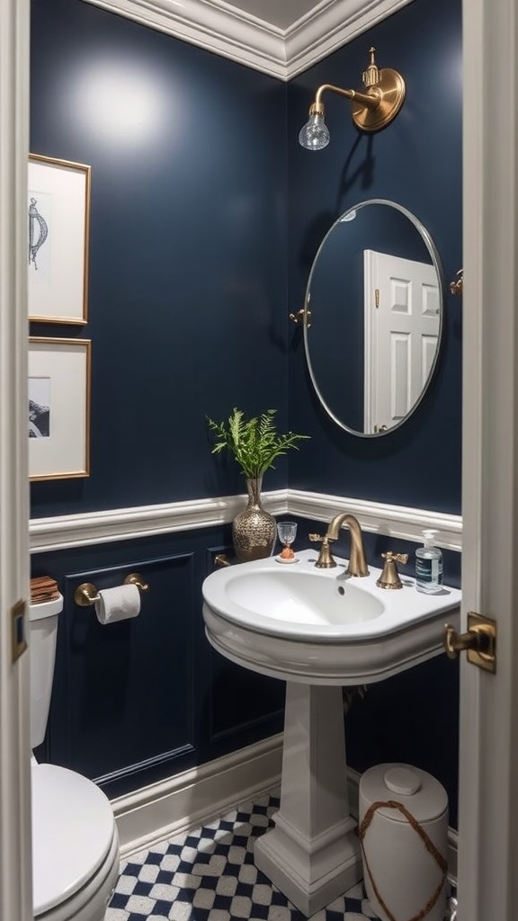 A powder room featuring Benjamin Moore Hale Navy paint with gold fixtures and white trim.