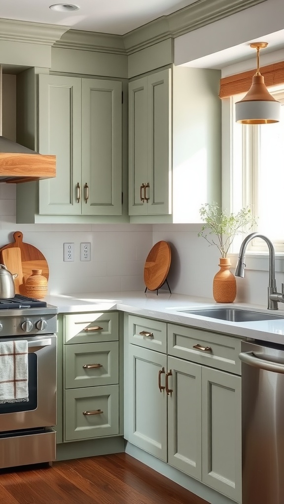 A kitchen featuring Benjamin Moore October Mist sage green cabinets with wooden accents and modern fixtures.