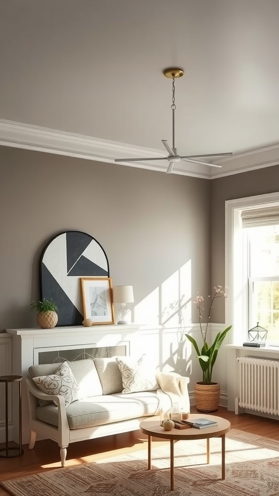 Living room with warm gray walls and cozy furniture, showcasing Benjamin Moore Pale Oak OC-20.