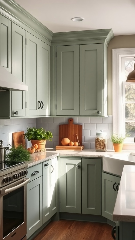 A serene kitchen featuring sage green cabinets and natural light.