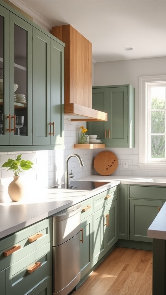 A kitchen featuring Benjamin Moore Sage Mountain cabinets, with wooden accents and a bright ambiance.