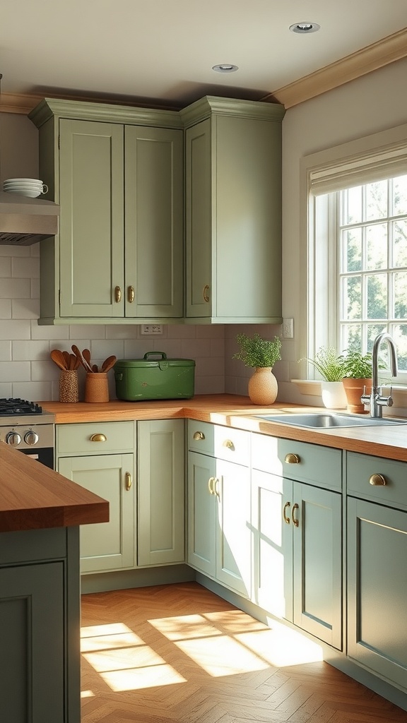 A kitchen featuring Benjamin Moore Saybrook Sage cabinets with wooden countertops and golden hardware.