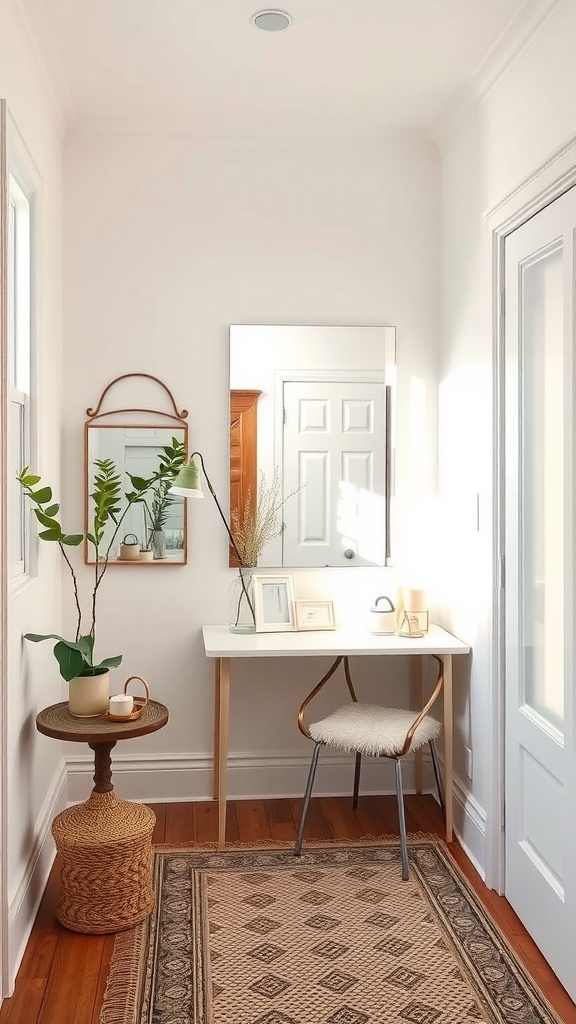 A bright and airy entryway painted in Benjamin Moore's Chantilly Lace, featuring a simple desk, a round table with plants, and a large mirror.