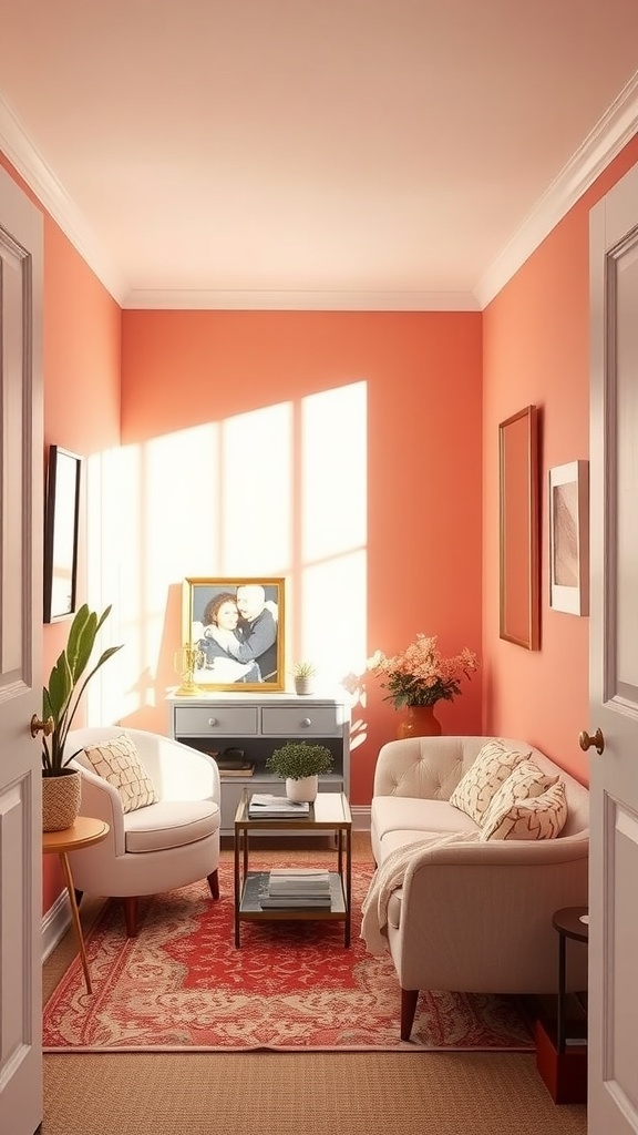 A small room painted in Benjamin Moore's Coral Dust, featuring cozy seating and natural light.