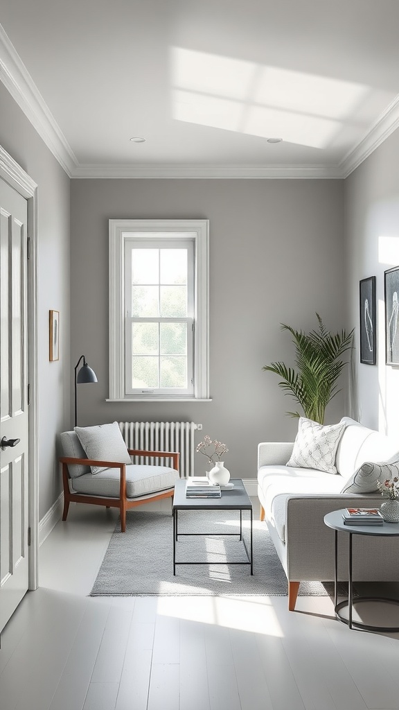 A small, well-lit living room painted in Benjamin Moore's Lead Gray, featuring light furniture and decor.