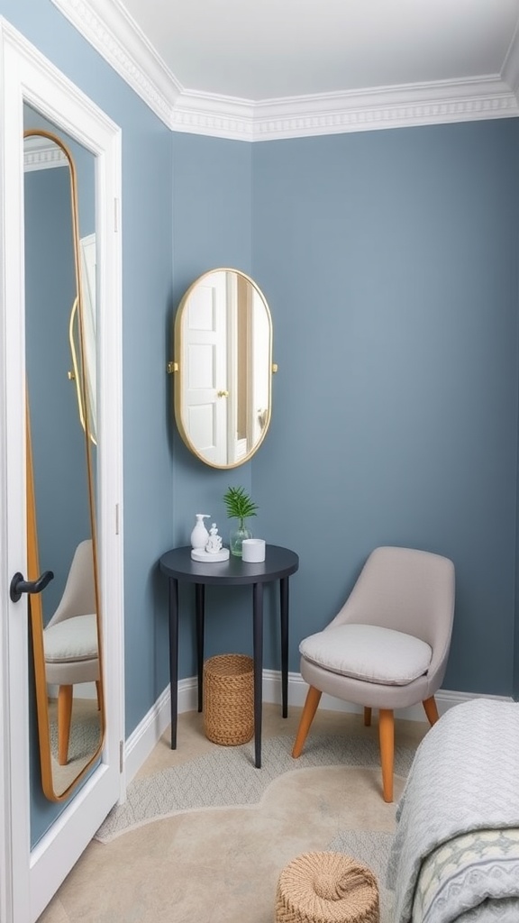 A room corner painted in Normandy Blue featuring a mirror, a small round table, and a cozy chair.