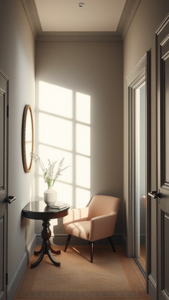 Interior corner with soft beige walls, a chair, and a table illuminated by sunlight.