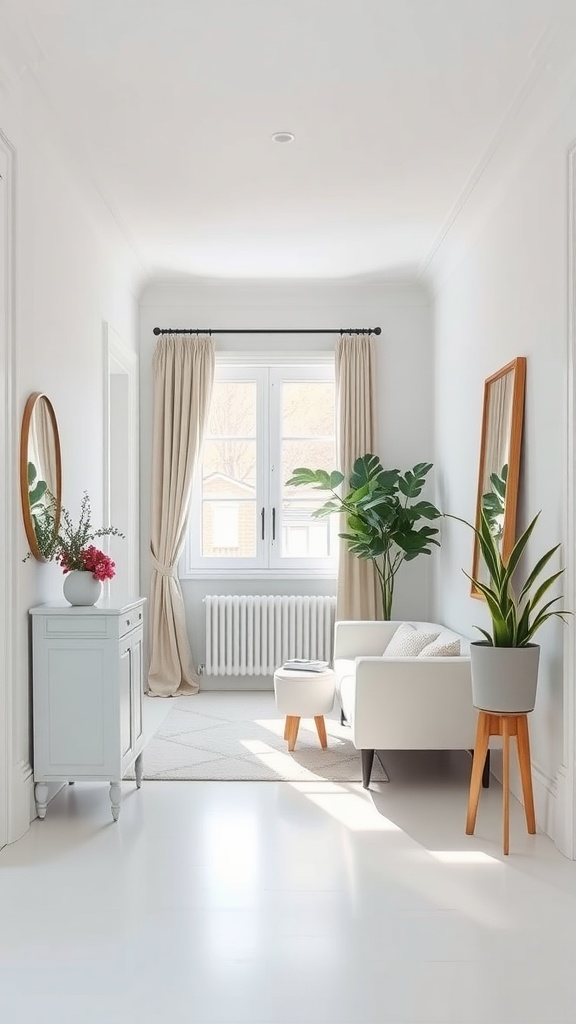 A bright and airy hallway painted in Benjamin Moore's White Dove, featuring natural light, light-colored furniture, and greenery.