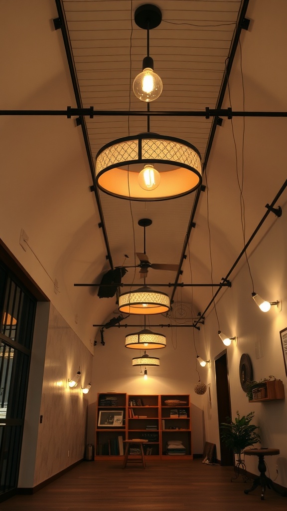 Interior view of a room with low ceiling lighting featuring pendant lamps and wall fixtures.