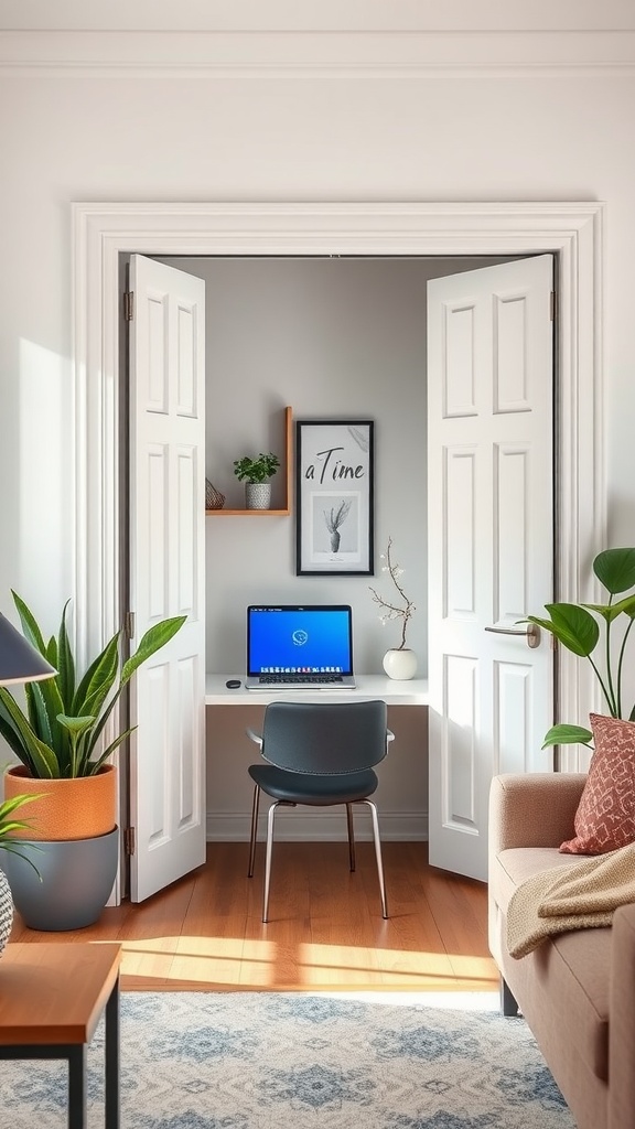 A cozy home office nook with a bi-fold door desk, featuring a laptop and decorative elements, surrounded by plants and a comfortable living space.