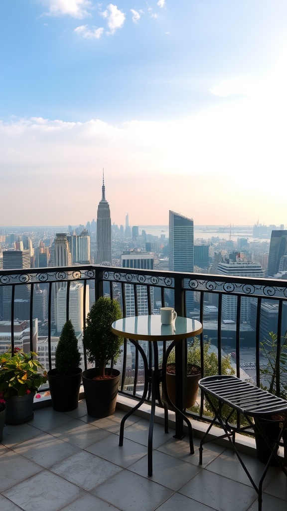 A small balcony featuring a bistro table with a city skyline view, potted plants, and a coffee mug.