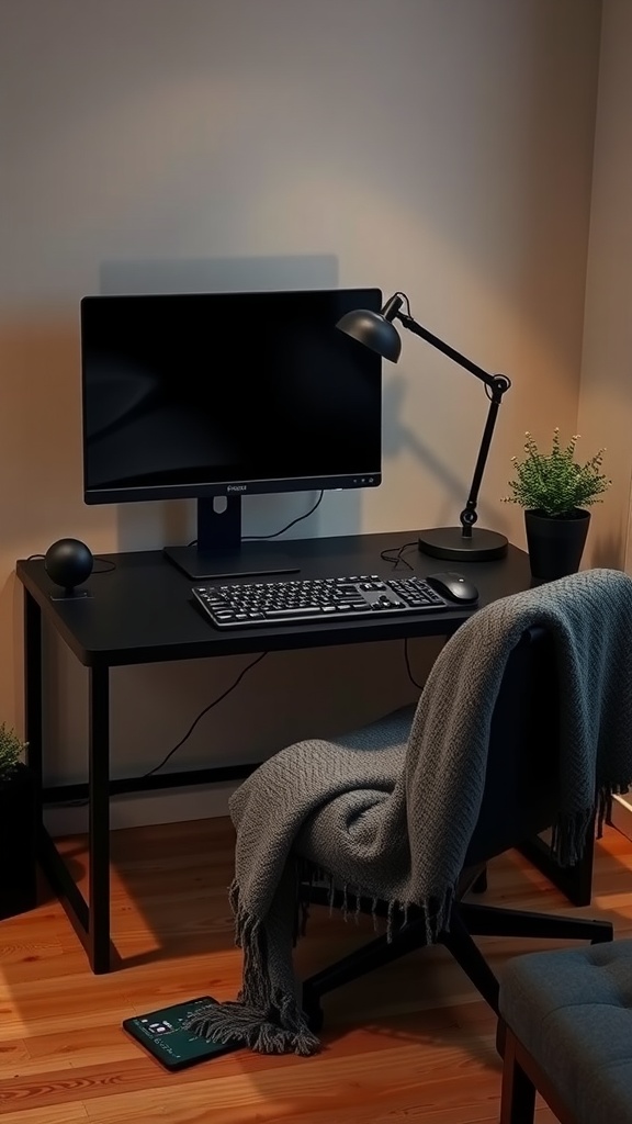 A cozy black-themed desk setup featuring a computer monitor, keyboard, mouse, desk lamp, and potted plants.