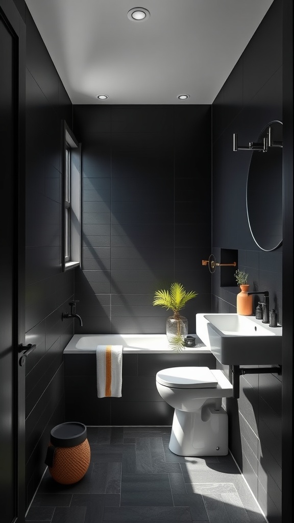 A modern small bathroom with black walls and tiles, featuring a white sink and toilet, and a touch of greenery.