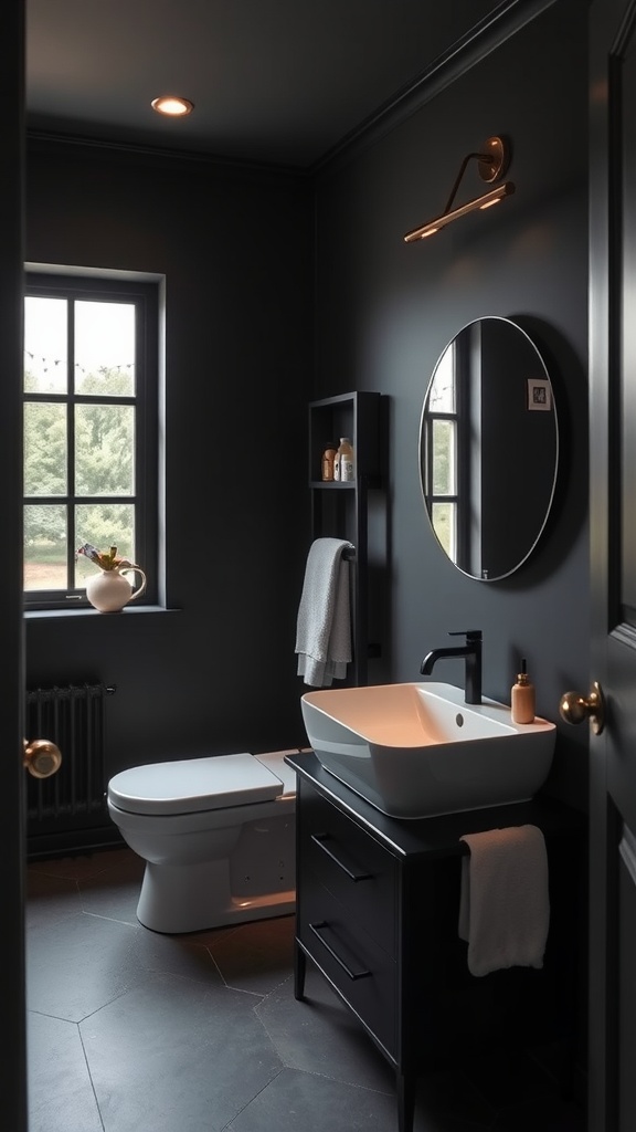 Small bathroom with black walls, featuring a white sink and a round mirror