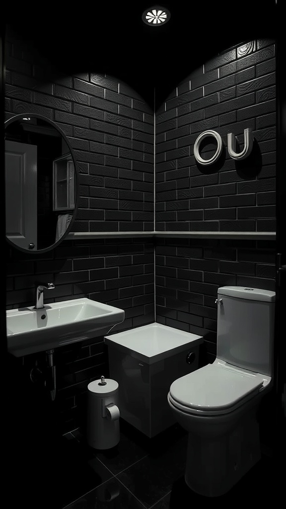 A small black bathroom with minimal lighting, showing a white sink, toilet, and storage.