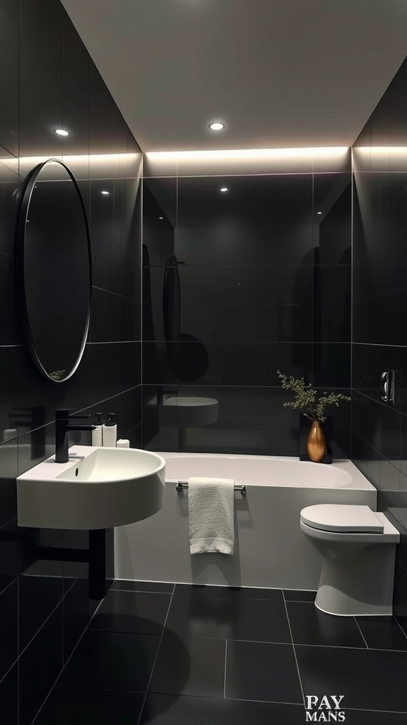 A modern black bathroom featuring glossy tiles, elegant lighting, and a round mirror.