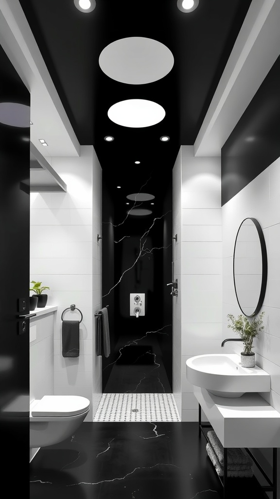 A modern bathroom with a black ceiling and white walls, featuring sleek fixtures and stylish decor.