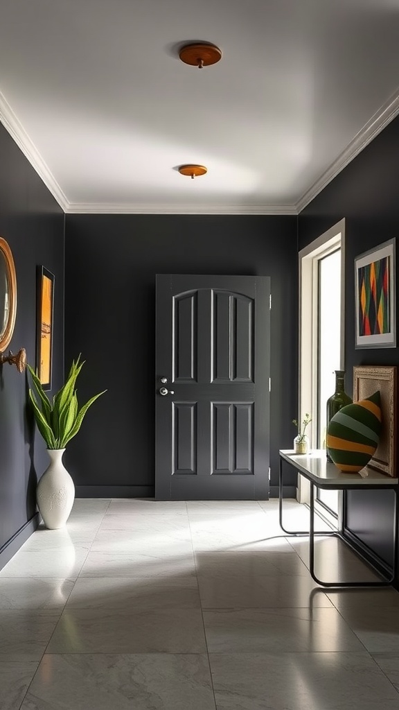 A hallway featuring dark walls painted in Black Fox by Sherwin Williams, with modern decor and natural light.