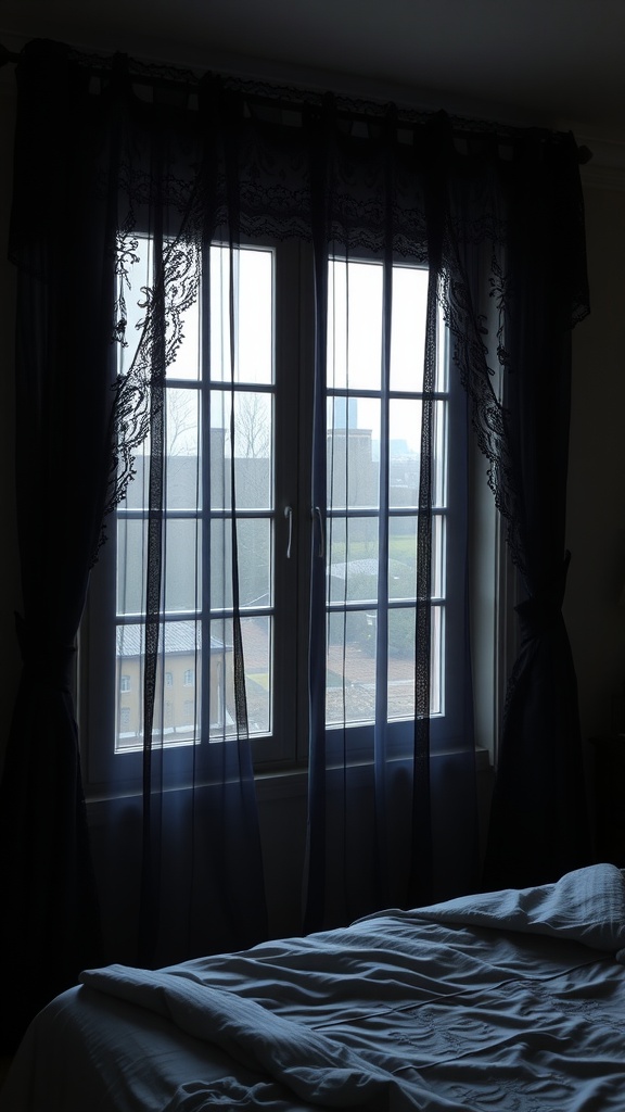 Black lace curtains covering a window, with a view outside.