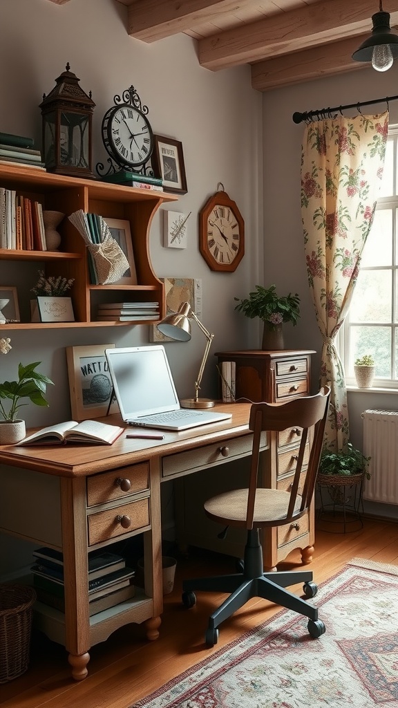 A cozy home office featuring a wooden desk, floral curtains, a wall clock, and plants, embodying English cottage style.