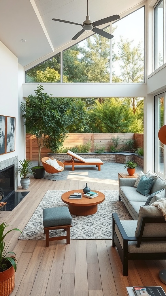 A modern living room featuring large windows, a cozy sofa, and a patio that blends indoor and outdoor spaces.