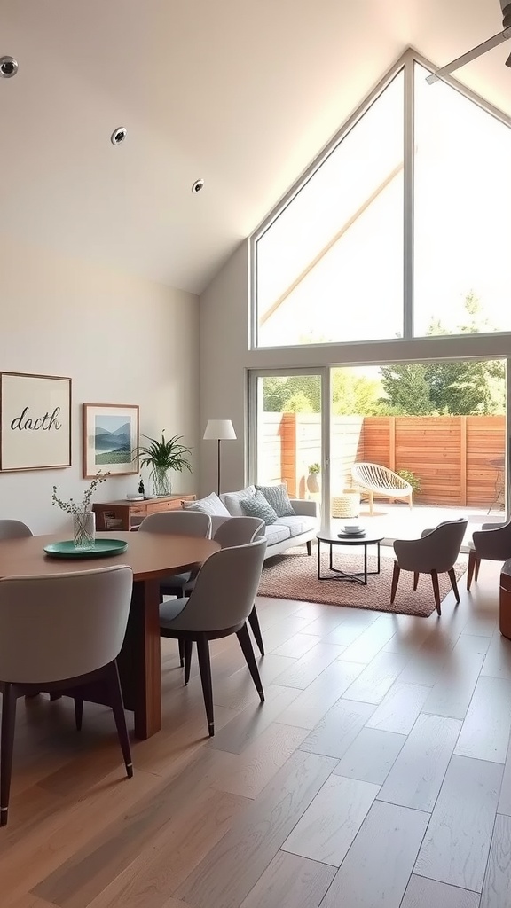 A bright living room and dining room combo featuring large windows, comfortable furniture, and indoor plants.