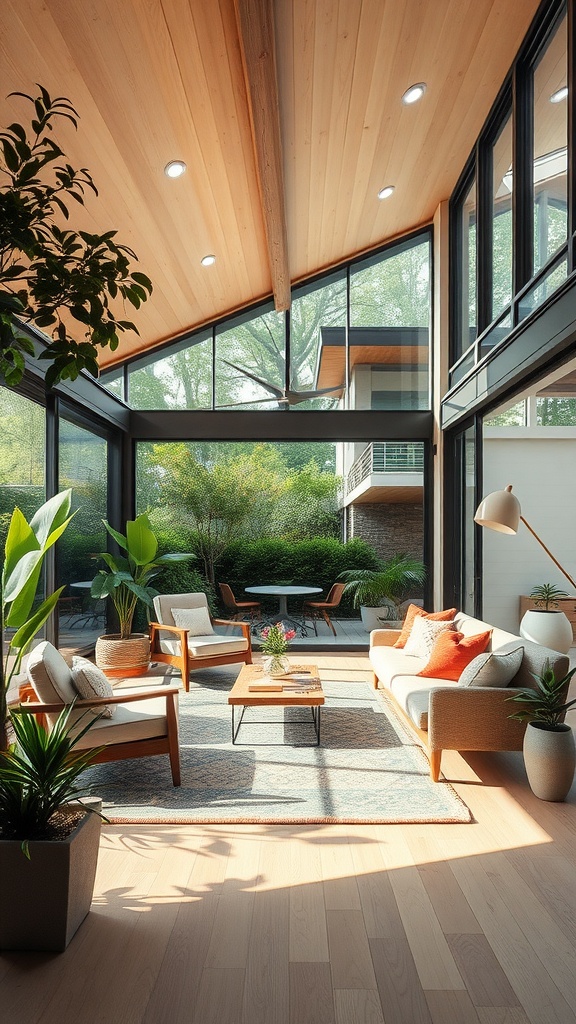 A bright Mid-Century Modern living room with large windows overlooking greenery, featuring cozy furniture and indoor plants.