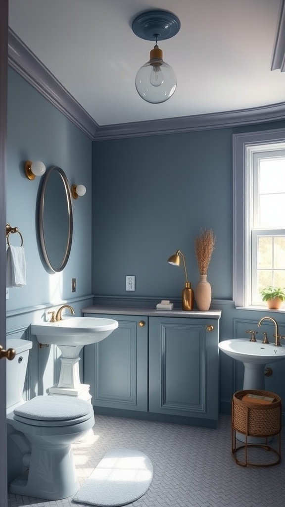 A small bathroom featuring blue-gray walls, gold accents, and white fixtures