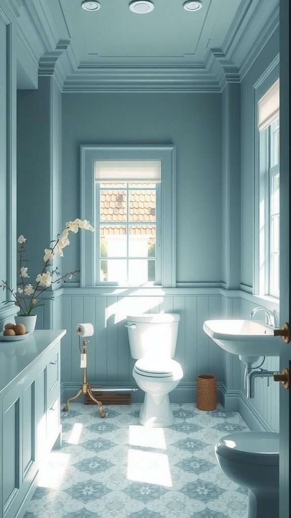 A serene bathroom painted in soft blue-green with white trim, featuring natural light and decorative elements.