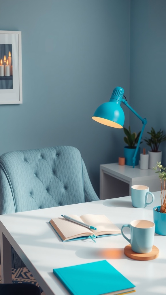 A cozy blue-themed desk setup featuring a blue chair, an open notebook, and a bright lamp.