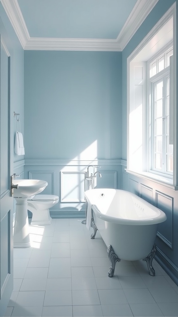 A light blue bathroom with a bathtub and white accents