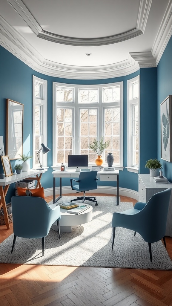 A bright and inviting blue and white home office with large windows, stylish furniture, and a cozy seating area.