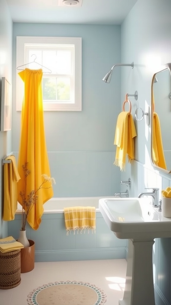 A bathroom with blue walls and yellow accents, including a yellow shower curtain and towels