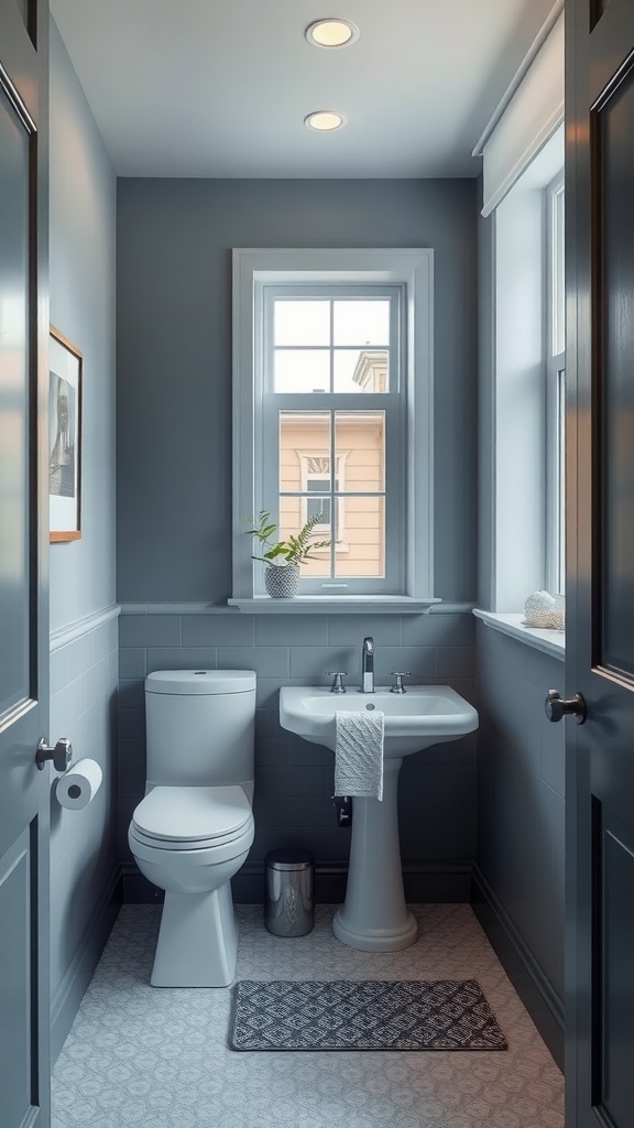 A small bathroom with blue-gray walls and white fixtures, featuring a toilet and sink under natural light.