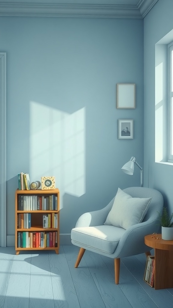 A cozy room painted in Blue Haze, featuring a comfortable chair, a bookshelf, and a warm atmosphere.