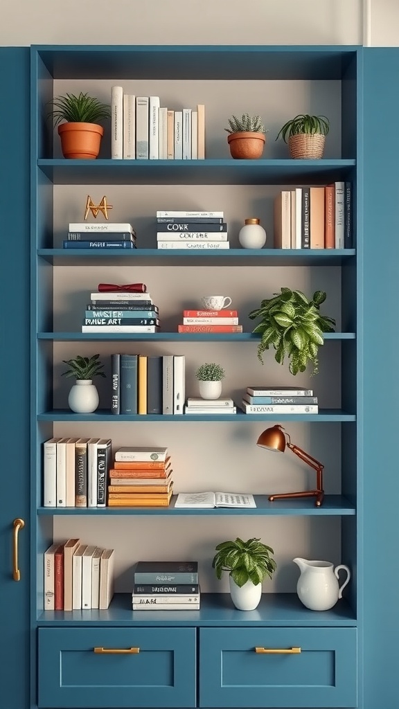A blue bookshelf with various books, plants, and a lamp in a home office setting.