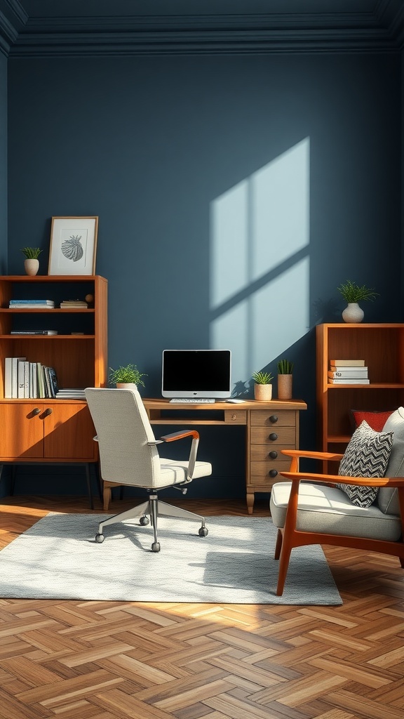 A cozy office space featuring blue slate walls, wooden furniture, and plants.