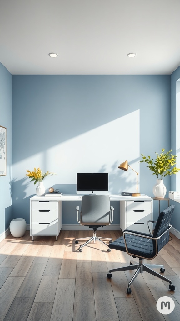 A modern home office featuring blue-gray walls, a white desk, and a black chair