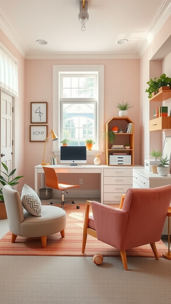 A blush-themed home office featuring a desk, orange chair, and cozy seating area for kids.