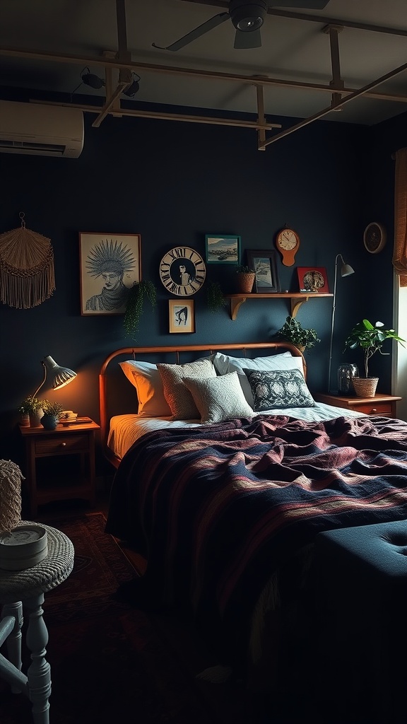 A cozy dark bedroom with a mix of textures, plants, and warm lighting.