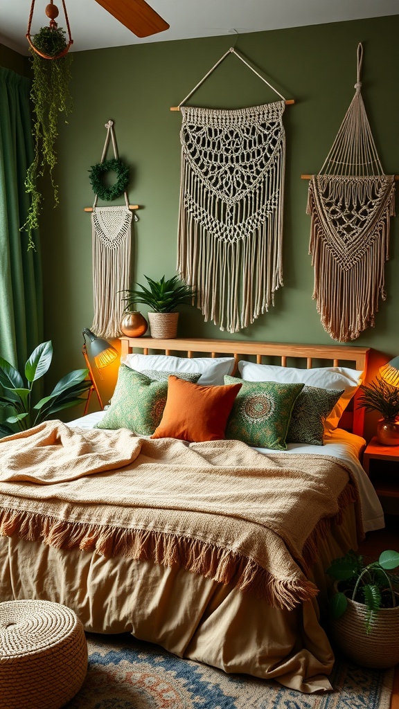 A bohemian bedroom featuring green walls, terracotta accents, and macramé wall hangings.