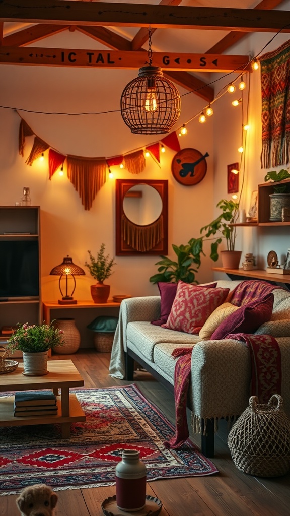 A cozy living room with warm lighting, featuring a vintage pendant lamp, string lights, and colorful decorative elements.