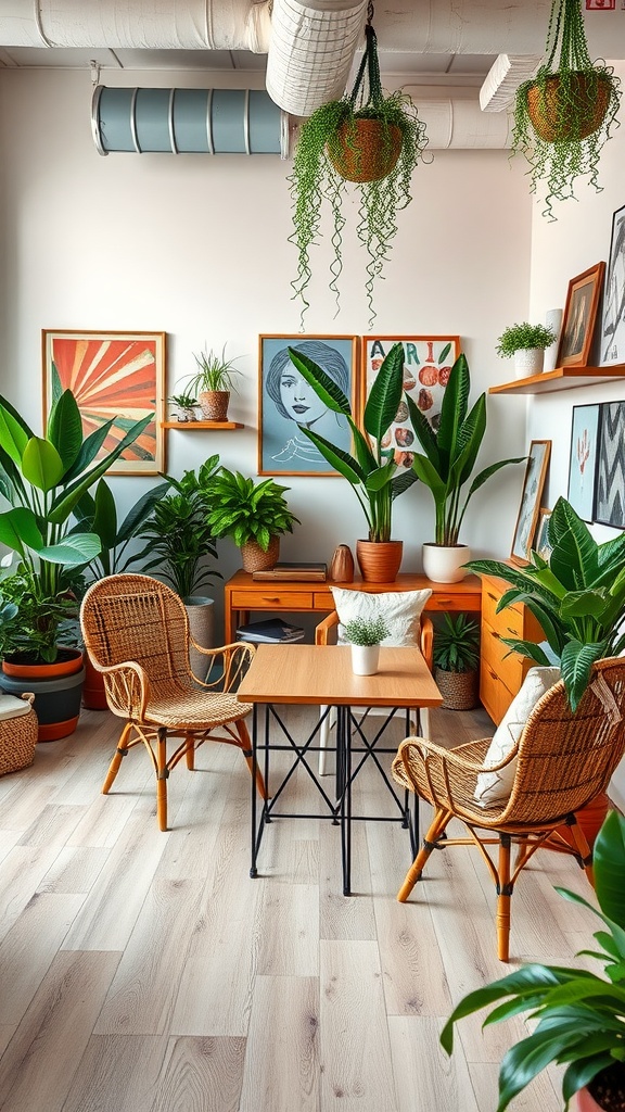 A cozy home office featuring rattan furniture, a wooden table, and various plants.