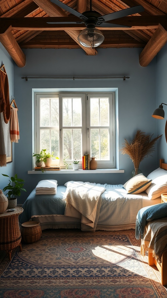 A cozy bohemian bedroom featuring a dark wall, layered bedding, macramé wall hangings, plants, and decorative pillows.