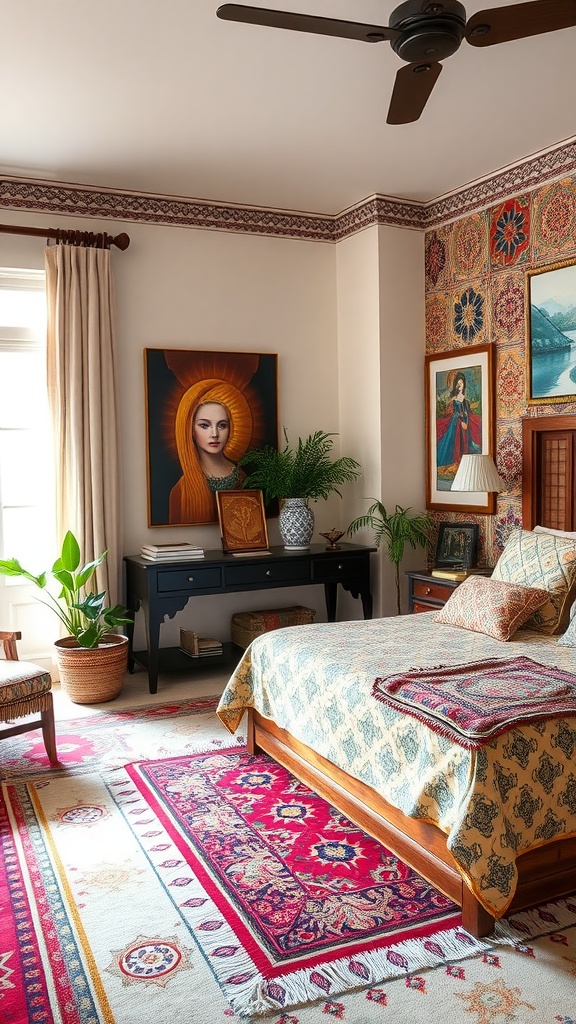 A bohemian-style master bedroom featuring eclectic decor, vibrant artworks, lush plants, and richly patterned textiles.