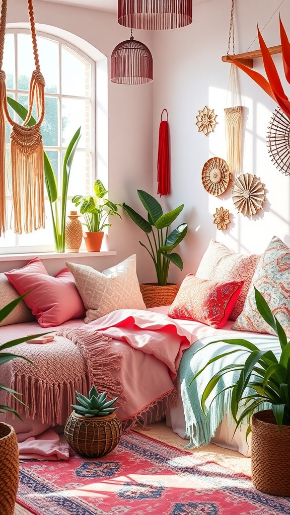 A cozy bedroom with pink walls, turquoise accents, and bohemian decor.