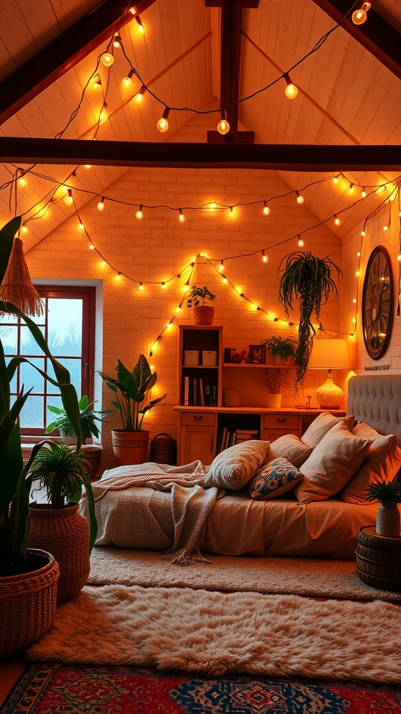 Cozy boho loft bedroom with glowing fairy lights and plants